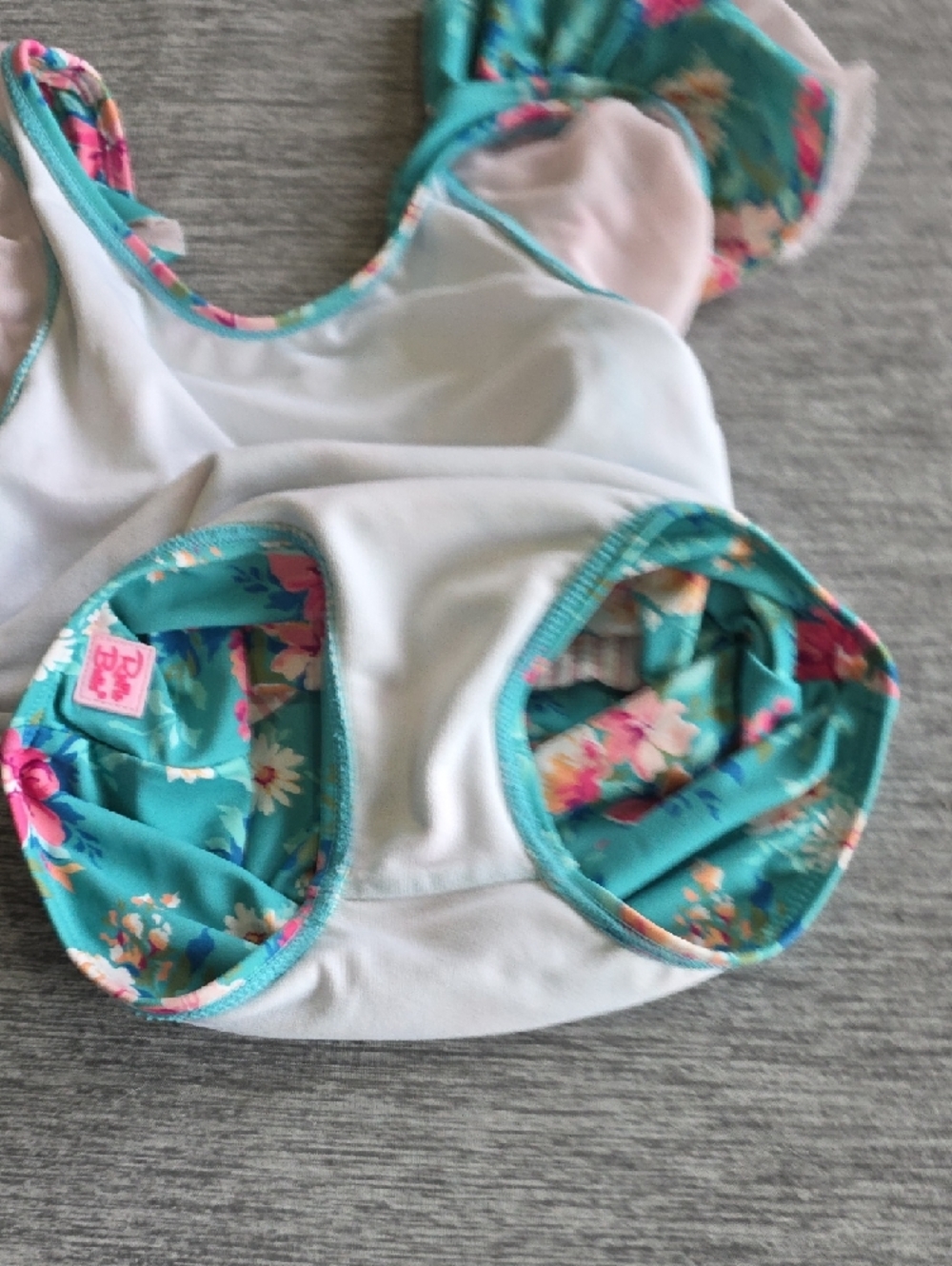 Ruffle Butts Teal Floral One-Piece Swimsuit with Pink Ruffles Little Girl Size 5 - Picture 4 of 8